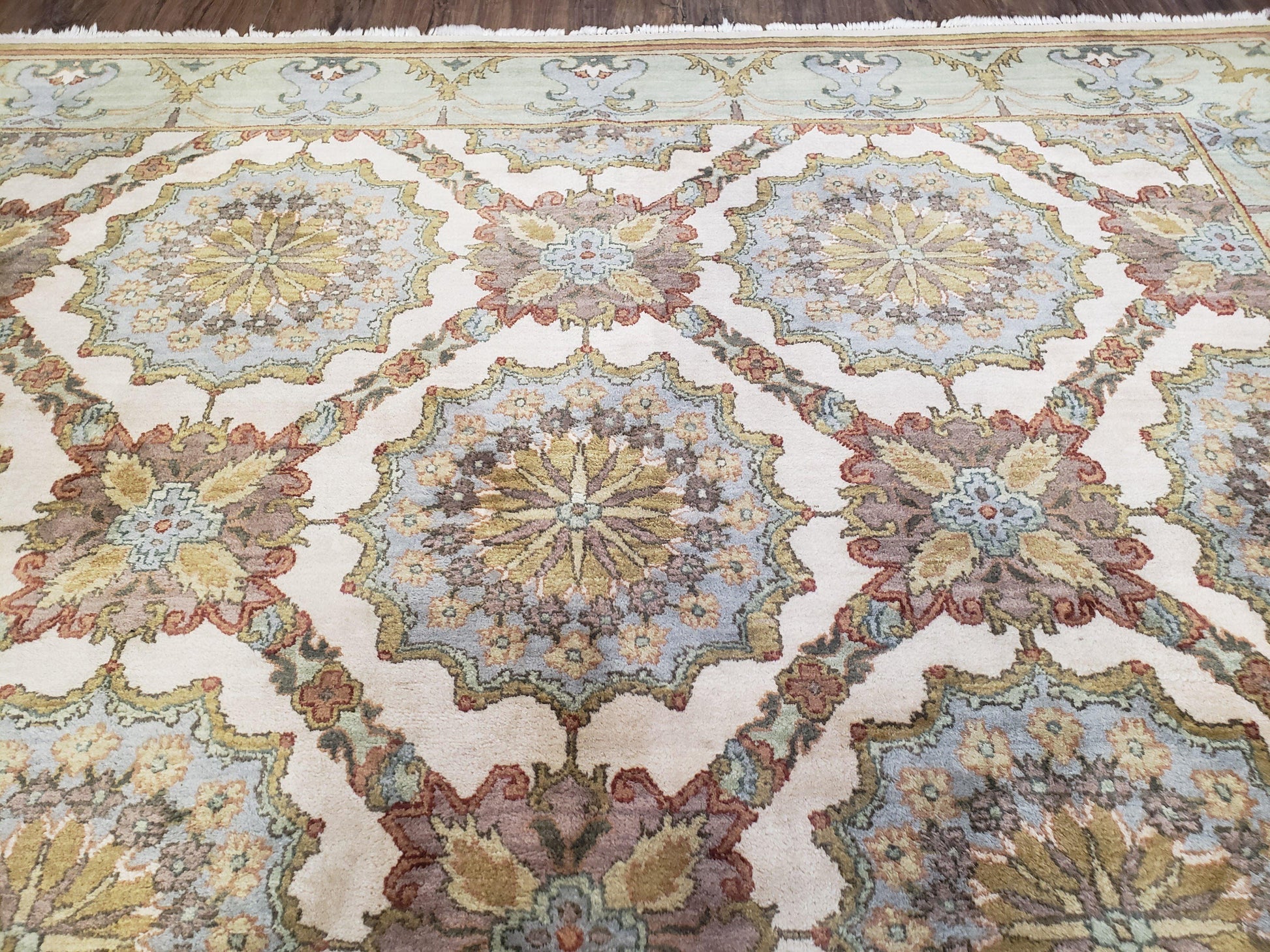 Indo Sultanabad Area Rug 8 x 9.5, Wool Hand-Knotted Ivory Green Teal Decorative Rug, Floral Panel Carpet, Indian Rug, 8 x 10 Bedroom Rug - Nuvé