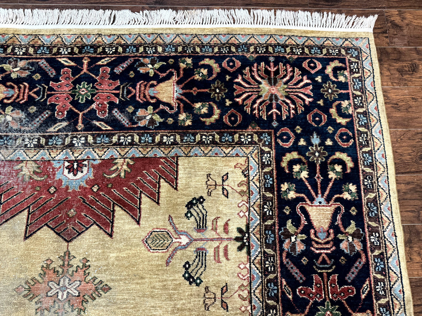 Indo Persian Heriz Rug 8x12, Camel Hair Tan and Navy Blue, Decorative - Nuvé