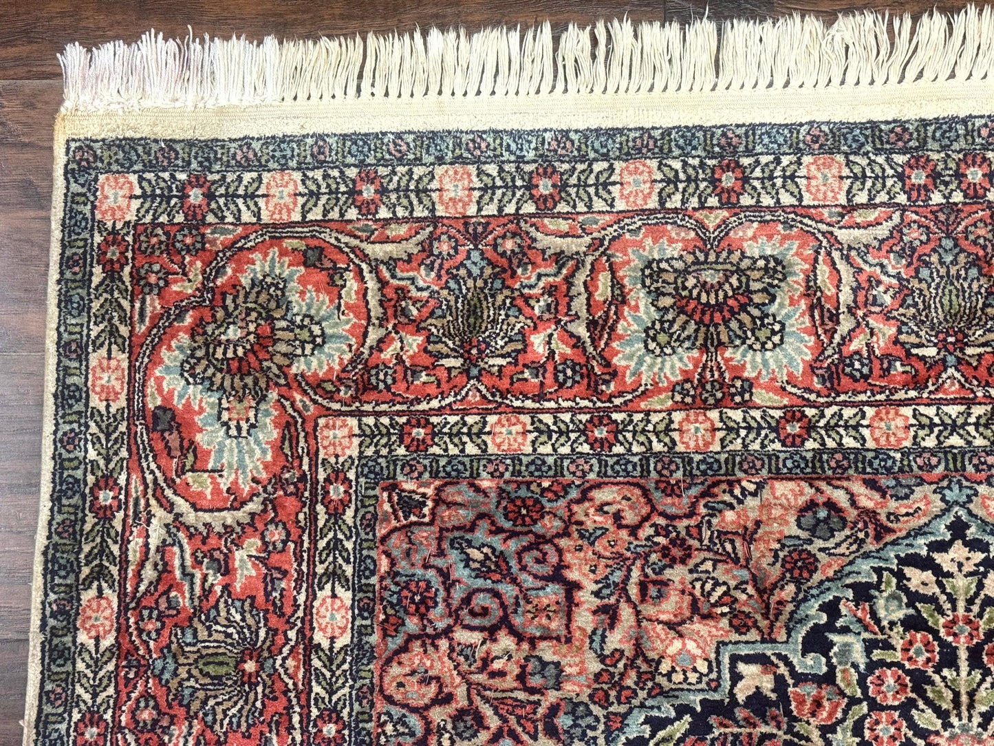 Silk Indian Kashmiri Rug 4x6, Tree of Life Pattern, Birds, Fine 290 KPSI, Navy Blue and Red, Handmade Oriental Carpet - Nuvé