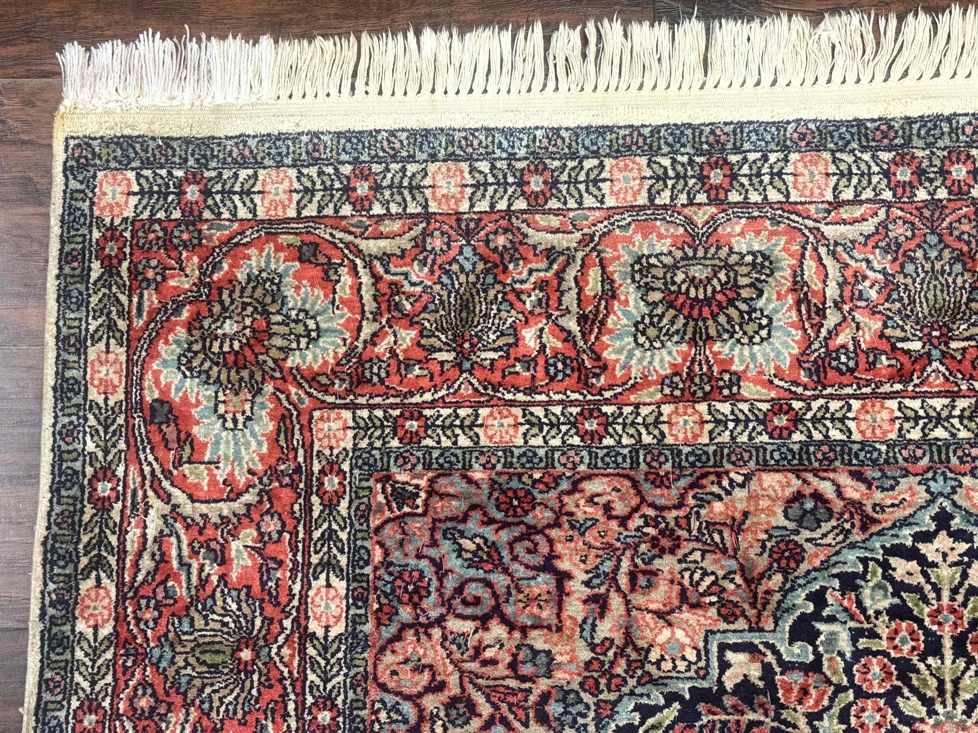 Silk Indian Kashmiri Rug 4x6, Tree of Life Pattern, Birds, Fine 290 KPSI, Navy Blue and Red, Handmade Oriental Carpet - Nuvé