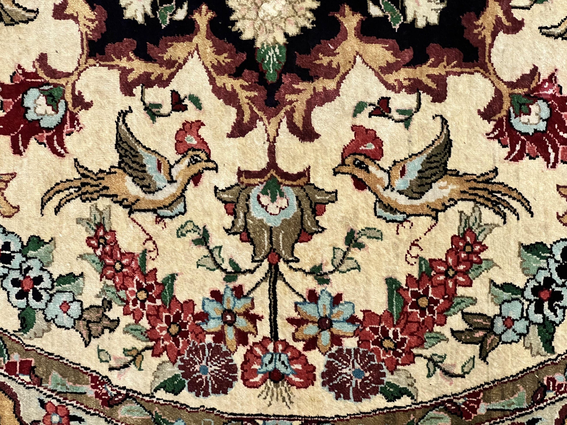 Silk Persian Tabriz Round Rug 3x3 ft, Very Fine Hand Knotted Carpet 380 KPSI, Cream & Gold, Bird Pictorials, Floral, Rare - Nuvé