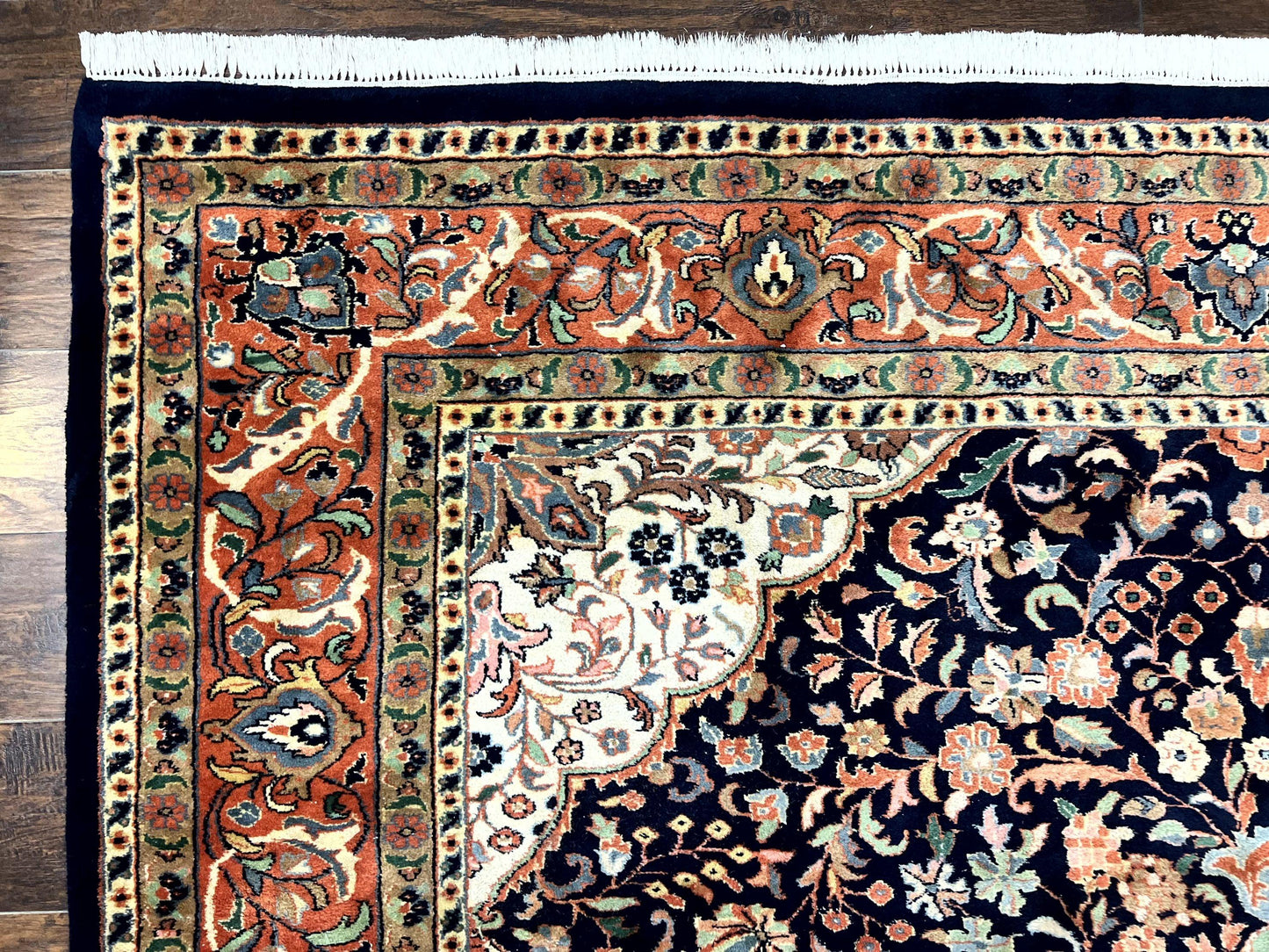 Indo Persian Rug 8x10, Midnight Blue & Red, Handmade Vintage Wool Carpet, Floral Medallion - Nuvé
