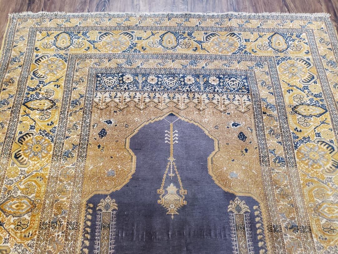 Rare Turkish Ghiordes Prayer Rug 4 x 5.8 ft, Late 19th Century Turkish Oriental Carpet, Mehrab Antique Prayer Rug, Museum Quality, Blue, Tan - Nuvé