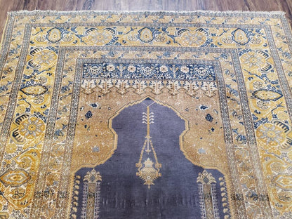 Rare Turkish Ghiordes Prayer Rug 4 x 5.8 ft, Late 19th Century Turkish Oriental Carpet, Mehrab Antique Prayer Rug, Museum Quality, Blue, Tan - Nuvé
