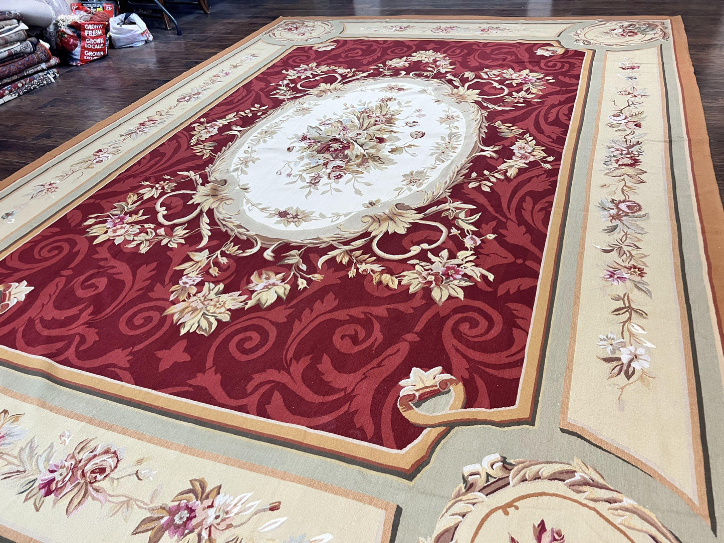 Large Aubusson Rug 10x14, Wool Handmade Vintage Carpet, Dark Red Ivory Tan, French European Elegant Aubusson Weave Rug - Nuvé