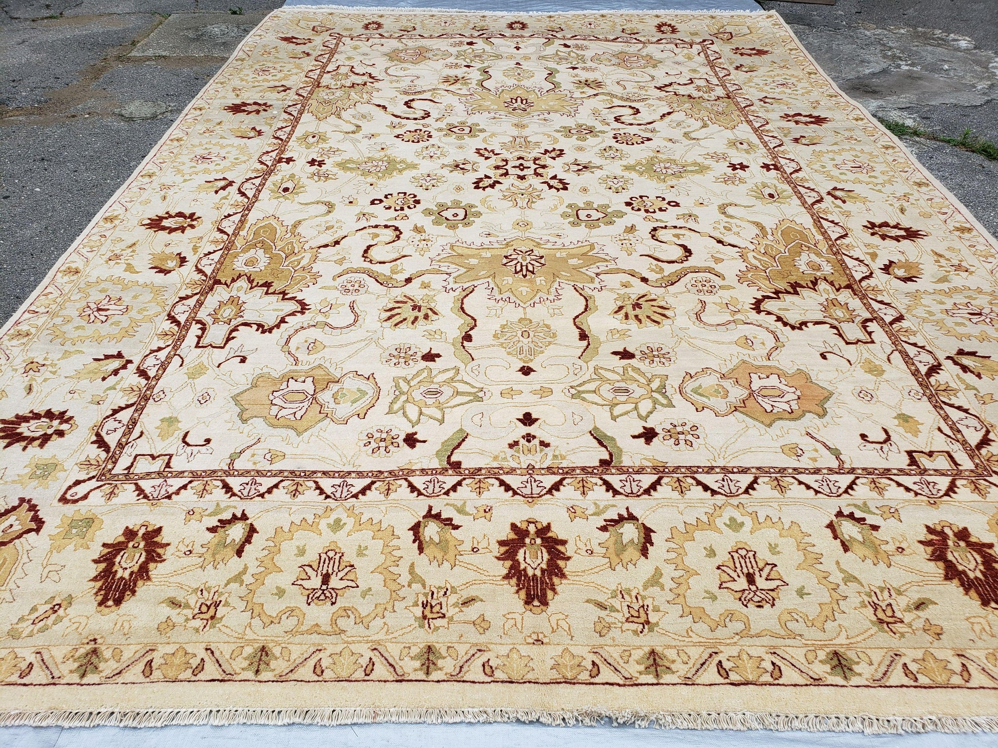 Vintage Oushak Area Rug, Hand-Knotted, Wool, Cream Beige Maroon, 10x15 Rug, 10x14 Rug, Large Oriental Carpet - Nuvé