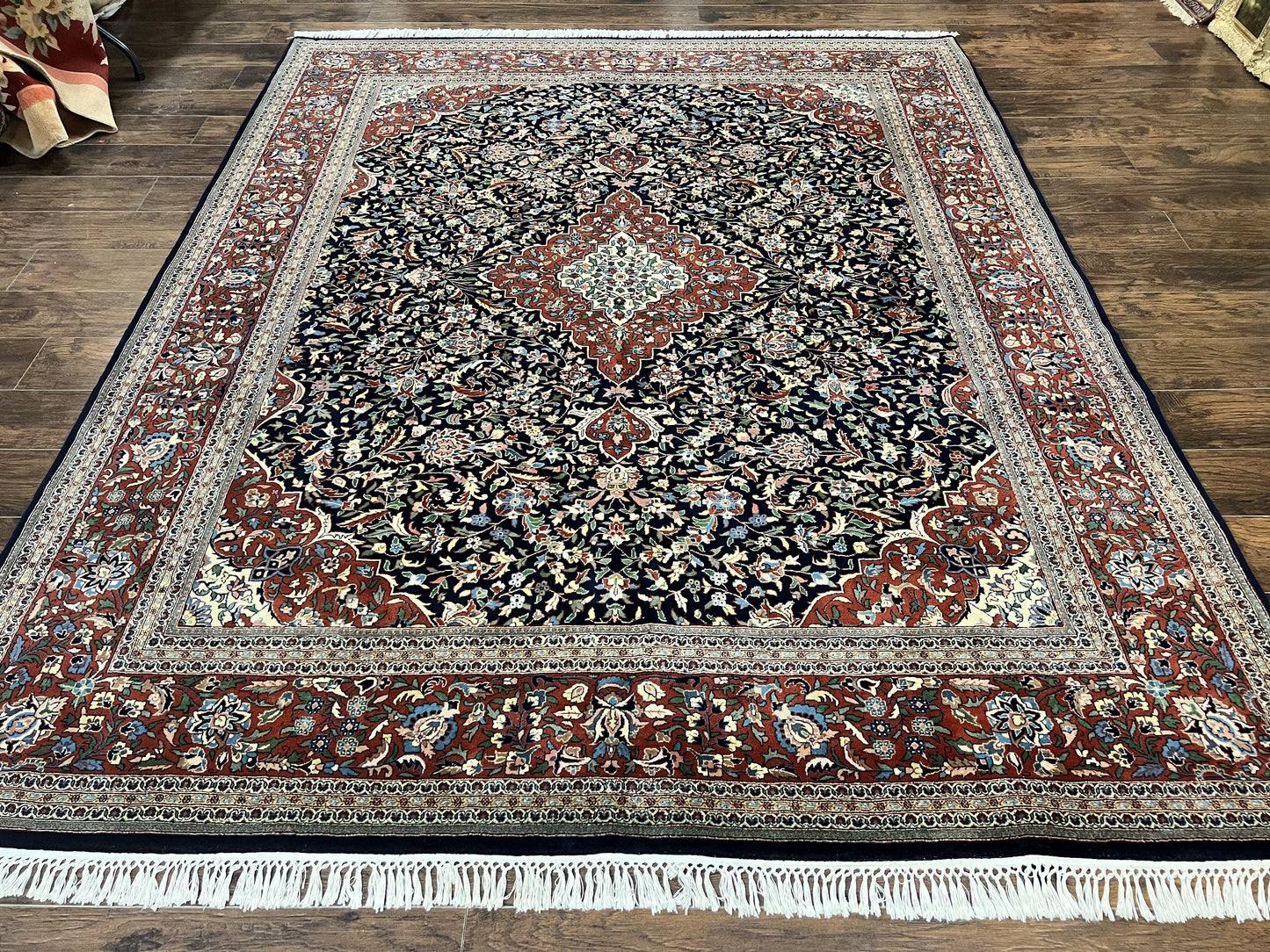 Indo Persian Rug 8x10, Floral Medallion, Vintage Handmade Wool Carpet, Navy Blue and Red, Fine 300 KPSI - Nuvé
