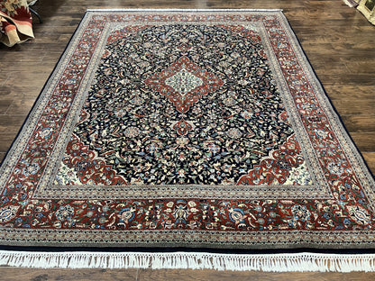 Indo Persian Rug 8x10, Floral Medallion, Vintage Handmade Wool Carpet, Navy Blue and Red, Fine 300 KPSI - Nuvé