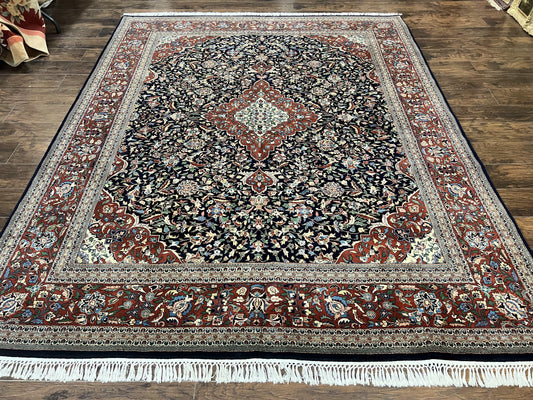 Indo Persian Rug 8x10, Floral Medallion, Vintage Handmade Wool Carpet, Navy Blue and Red, Fine 300 KPSI - Nuvé