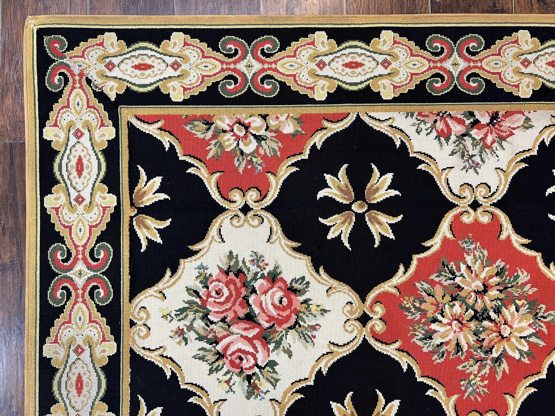 Wide Runner Rug 6x17 ft, Custom Made Vintage Stark Carpet 6 x 17 ft, Red Black Ivory, Corridor Hallway Rug, European Panel Design, Floral - Nuvé