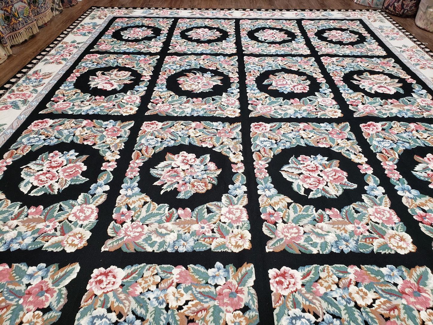 Floral Needlepoint Rug 9.5 x 13.6, Floral Panel Design, Black and Ivory Flatweave Aubusson Carpet, Multicolor - Nuvé