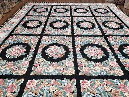 Floral Needlepoint Rug 9.5 x 13.6, Floral Panel Design, Black and Ivory Flatweave Aubusson Carpet, Multicolor - Nuvé