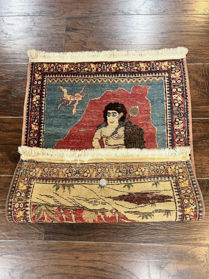 Antique Persian Kirman Rug 2 x 2.5, Small Hand Knotted Wool Carpet, Lavar Rug, Shepherd with Ram Pictorial Rug #1 - Nuvé