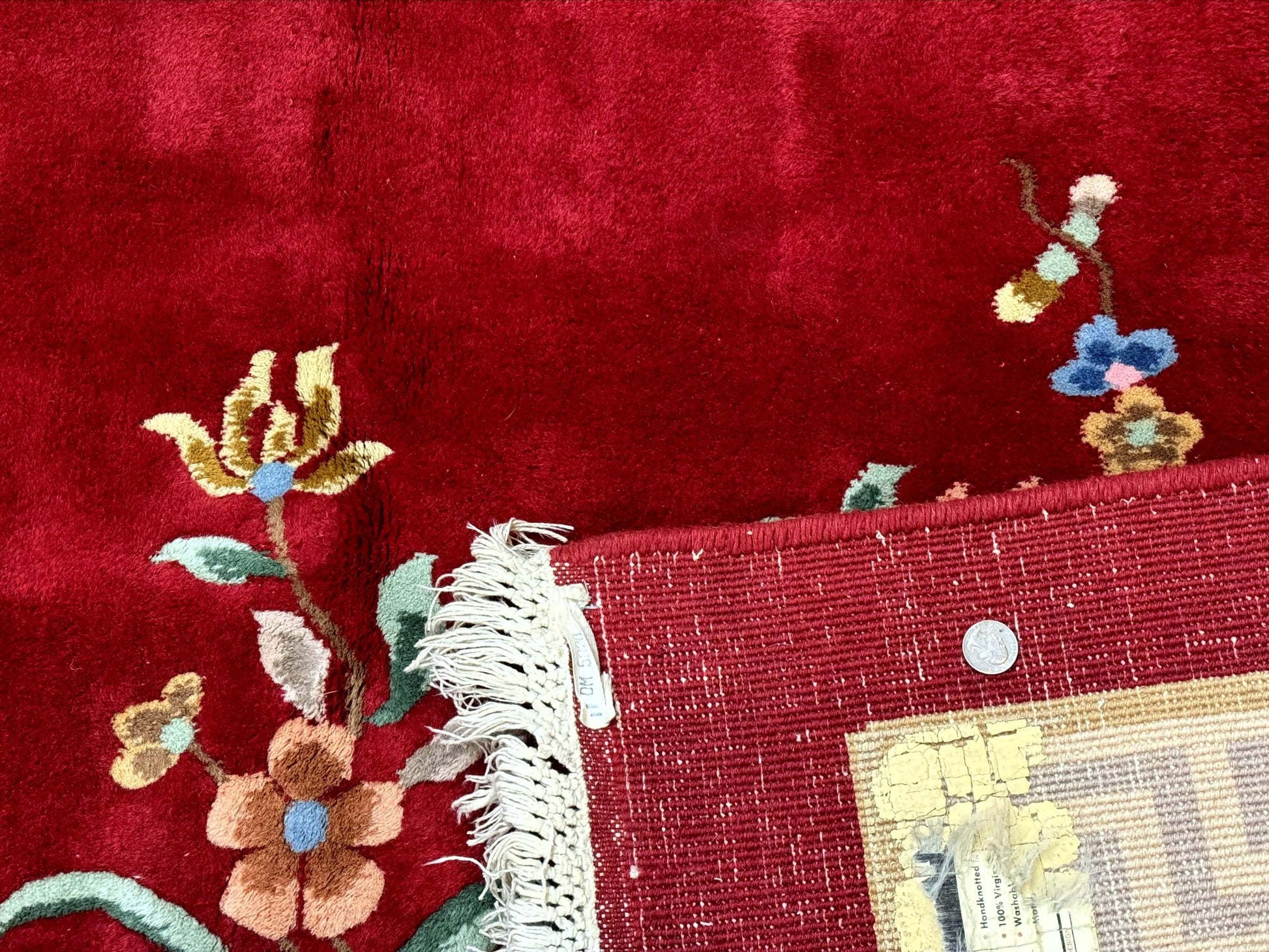 Indo Chinese Wool Rug 9x12, Red Art Deco Carpet, Vintage - Nuvé