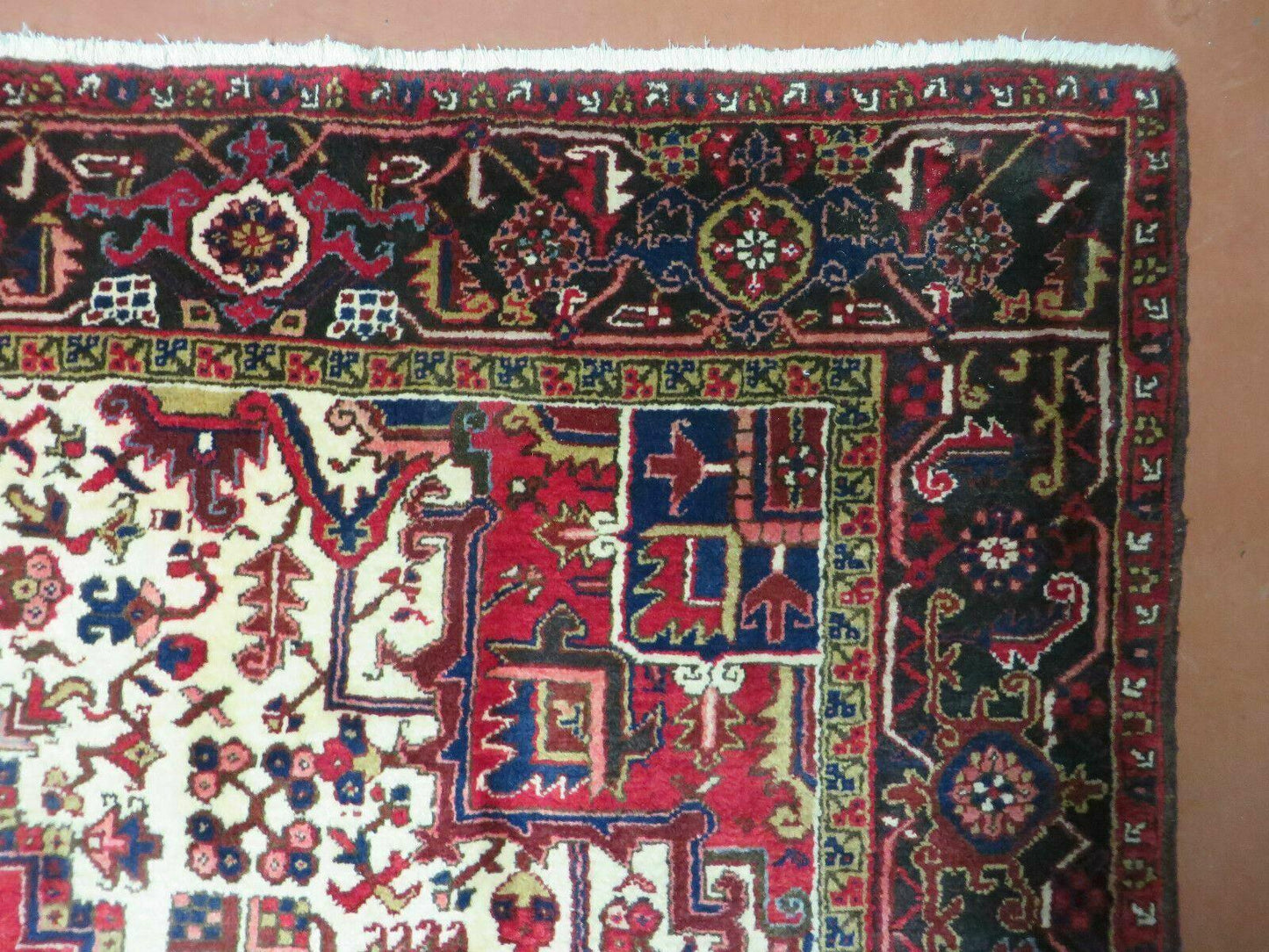 Wonderful Persian Heriz Rug 8.6 x 11, Geometric Heriz Carpet, Semi Antique Decorative Area Rug, Red Ivory Dark Blue Handmade Wool Room Sized - Nuvé