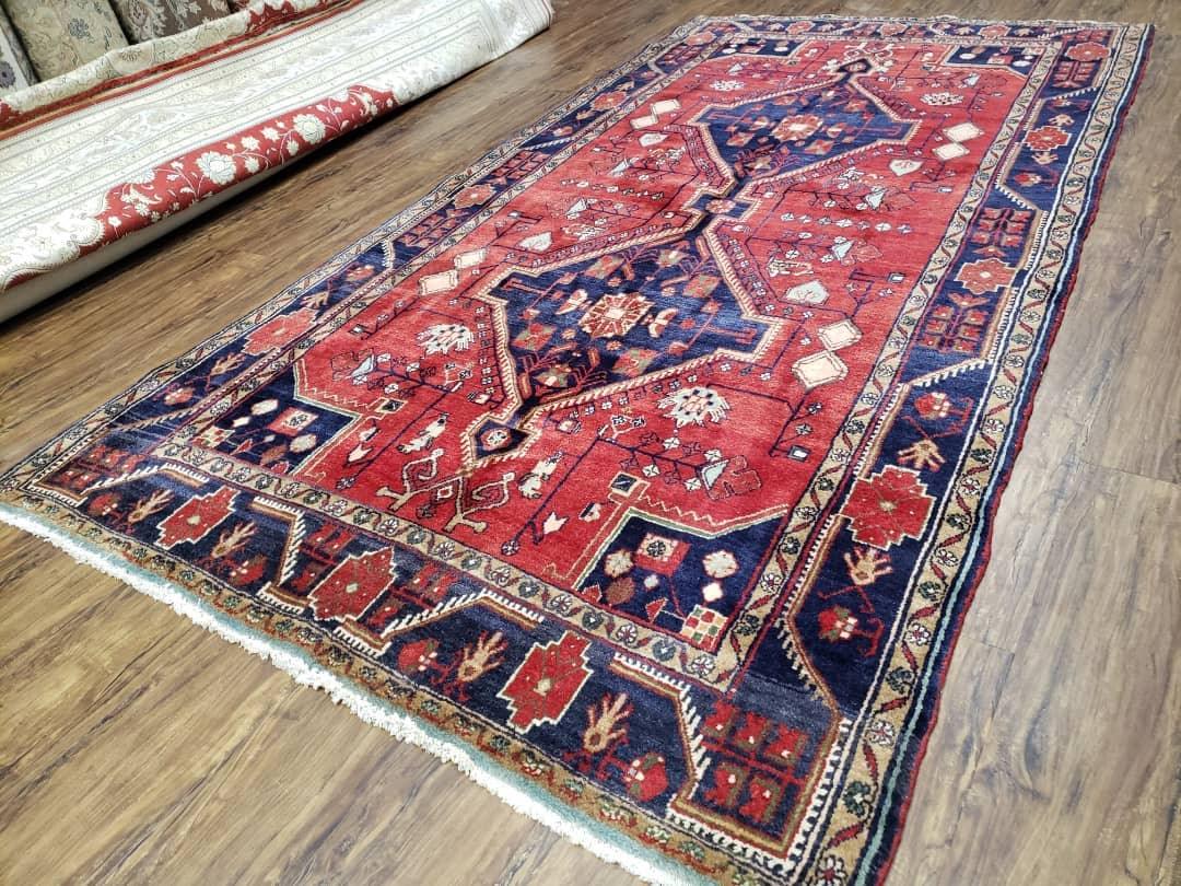 Antique Persian Zanjan Nahavand Heriz Rug, Red & Blue, Hand-Knotted, 5' x 9' 7" - Nuvé