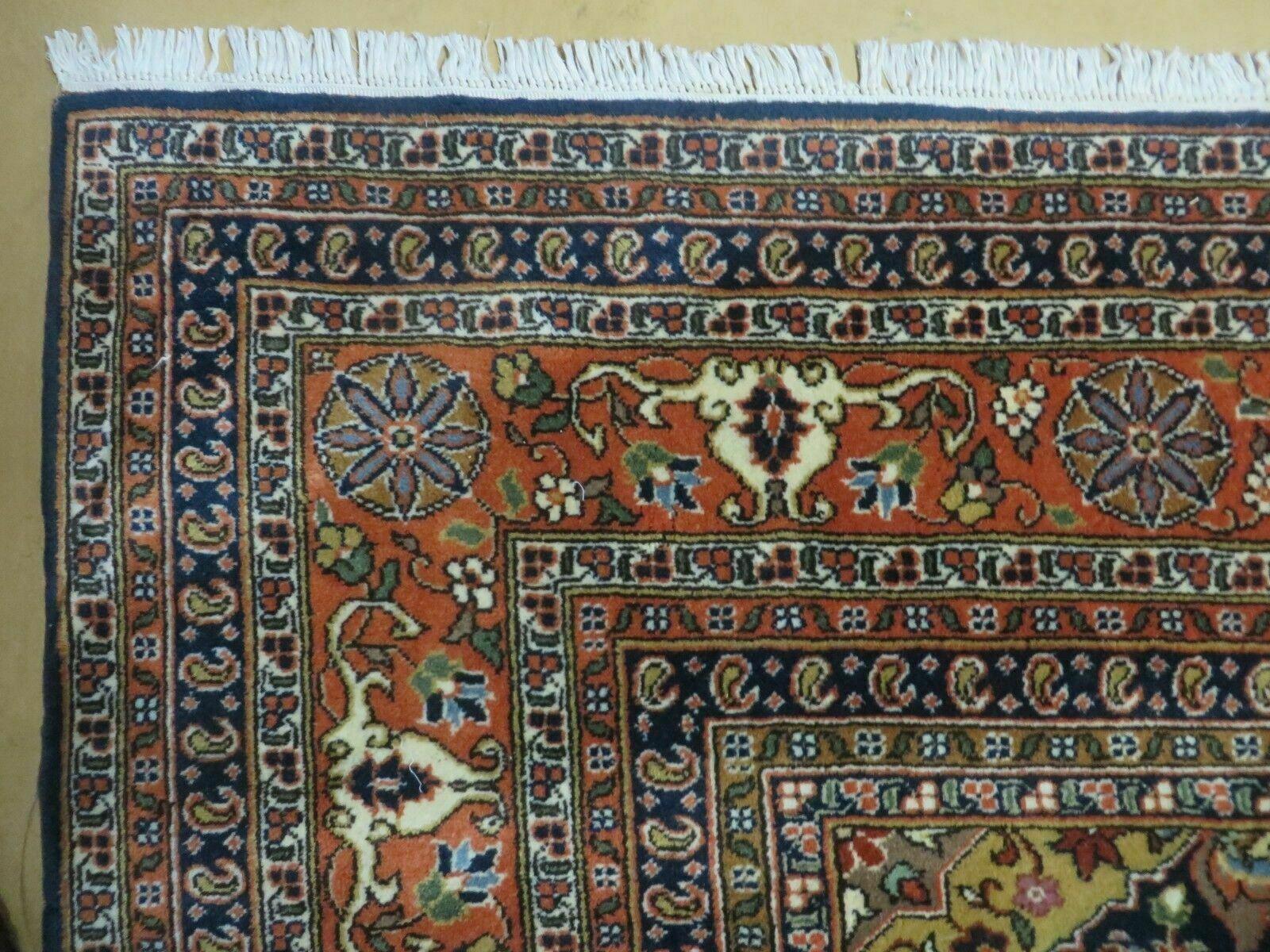 Indo Persian Rug 9x12, Semi Open Field Medallion, Ivory Tomato Red Navy Blue, Hand Knotted Indian Oriental Wool Carpet 9 x 12 ft, Room Sized - Nuvé