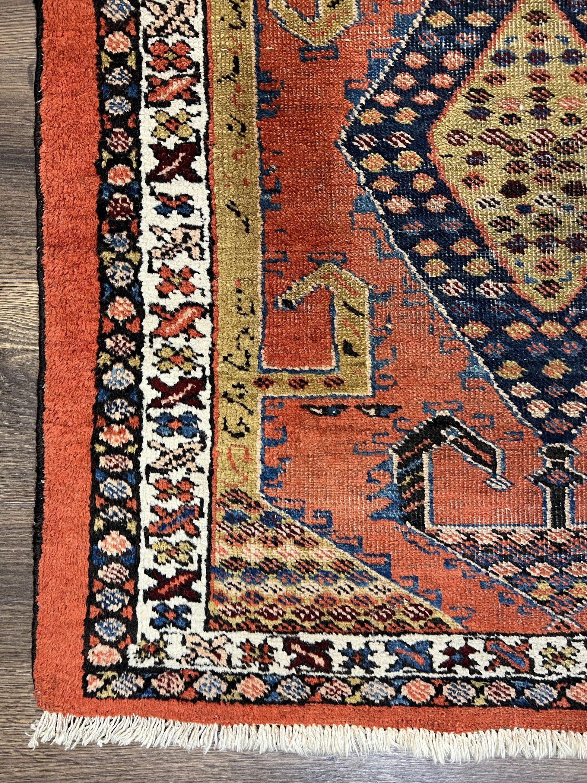 Rare Persian Tribal Runner Rug 3 x 11, Sarab Serab Persian Runner, Antique 1920s Collectible Geometric Medallions Oriental Wool Runner, Hand Knotted, Bright Orange-Red - Nuvé