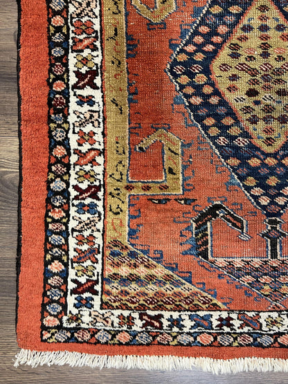 Rare Persian Tribal Runner Rug 3 x 11, Sarab Serab Persian Runner, Antique 1920s Collectible Geometric Medallions Oriental Wool Runner, Hand Knotted, Bright Orange-Red - Nuvé