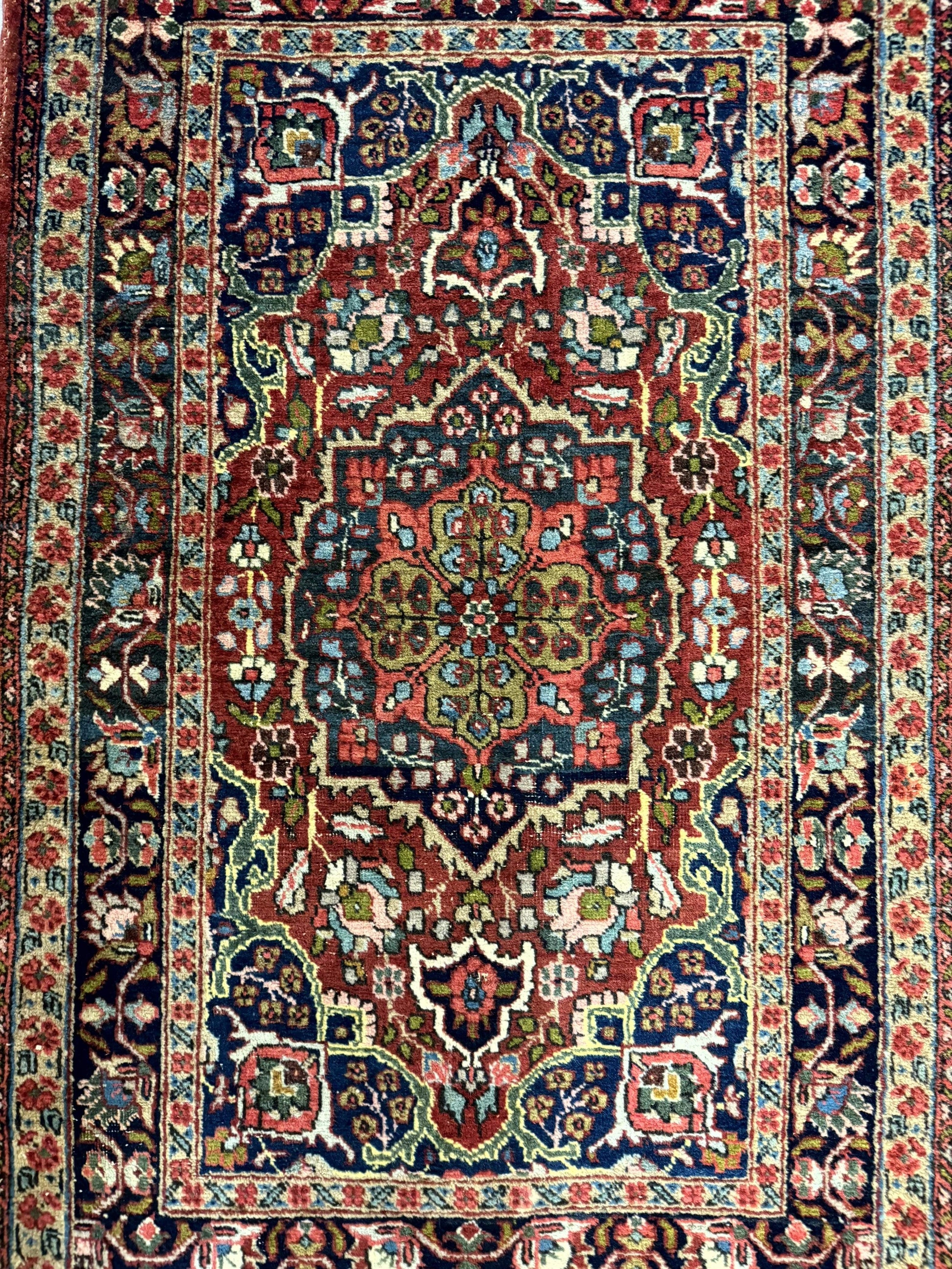 Antique Persian Tabriz Rug 3x5, Brick Red Navy Blue, Floral Medallion, Small Persian Carpet - Nuvé