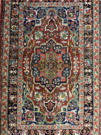 Antique Persian Tabriz Rug 3x5, Brick Red Navy Blue, Floral Medallion, Small Persian Carpet - Nuvé