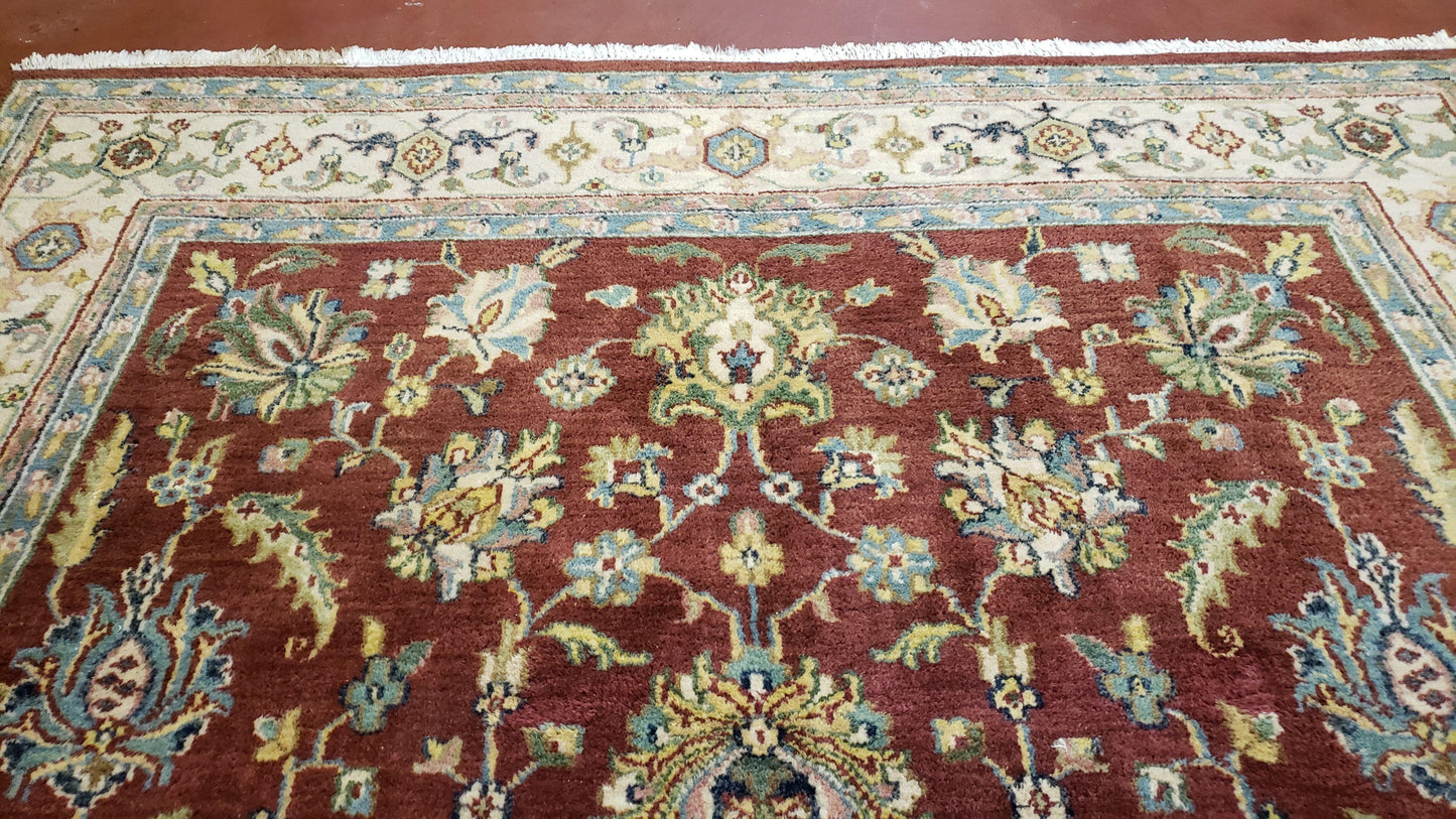 8x12 Indo-Mahal Rug, Floral Allover, Red & Beige, Wool Vintage Handmade Traditional Carpet - Nuvé