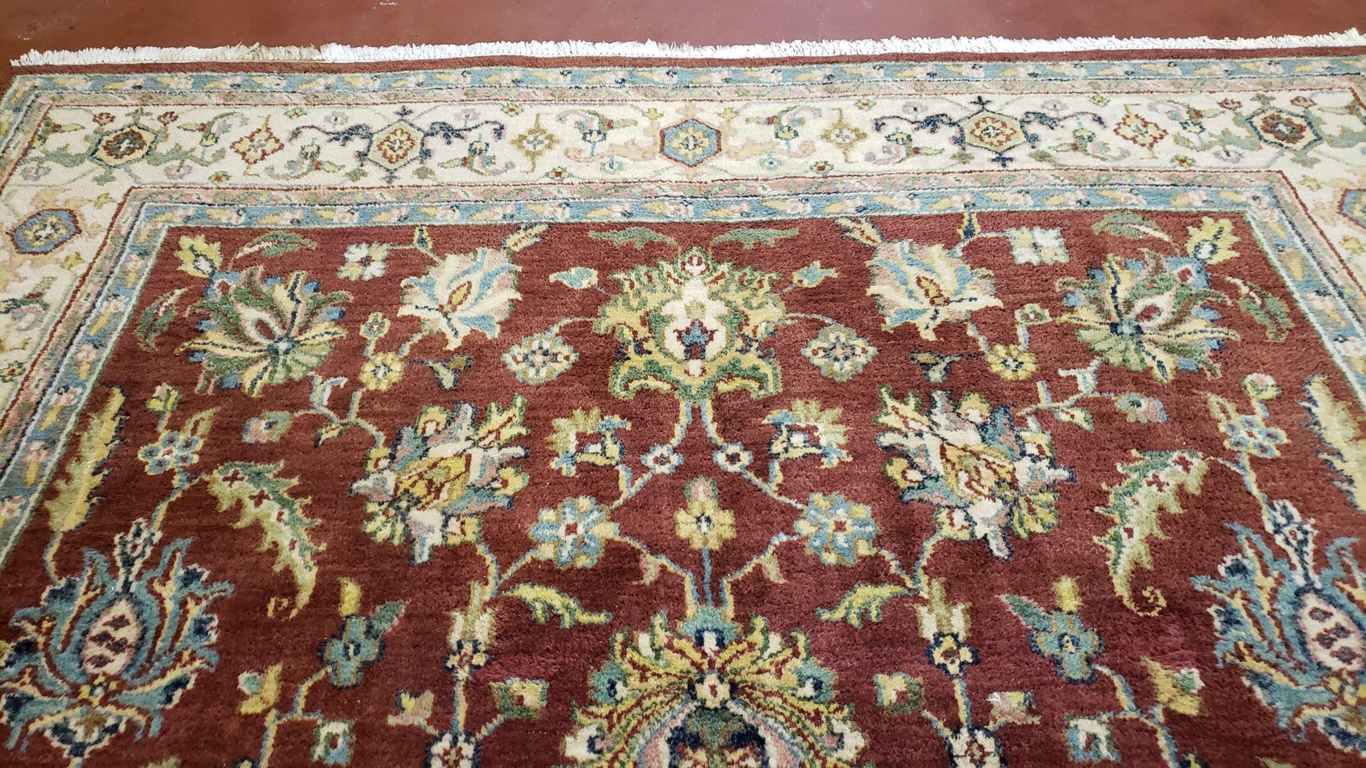 8x12 Indo-Mahal Rug, Floral Allover, Red & Beige, Wool Vintage Handmade Traditional Carpet - Nuvé