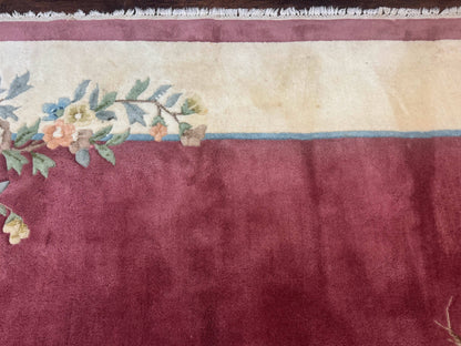 Indo Chinese Art Deco Rug 9x12, Pink and Ivory, Open Filed, Floral, Wool - Nuvé