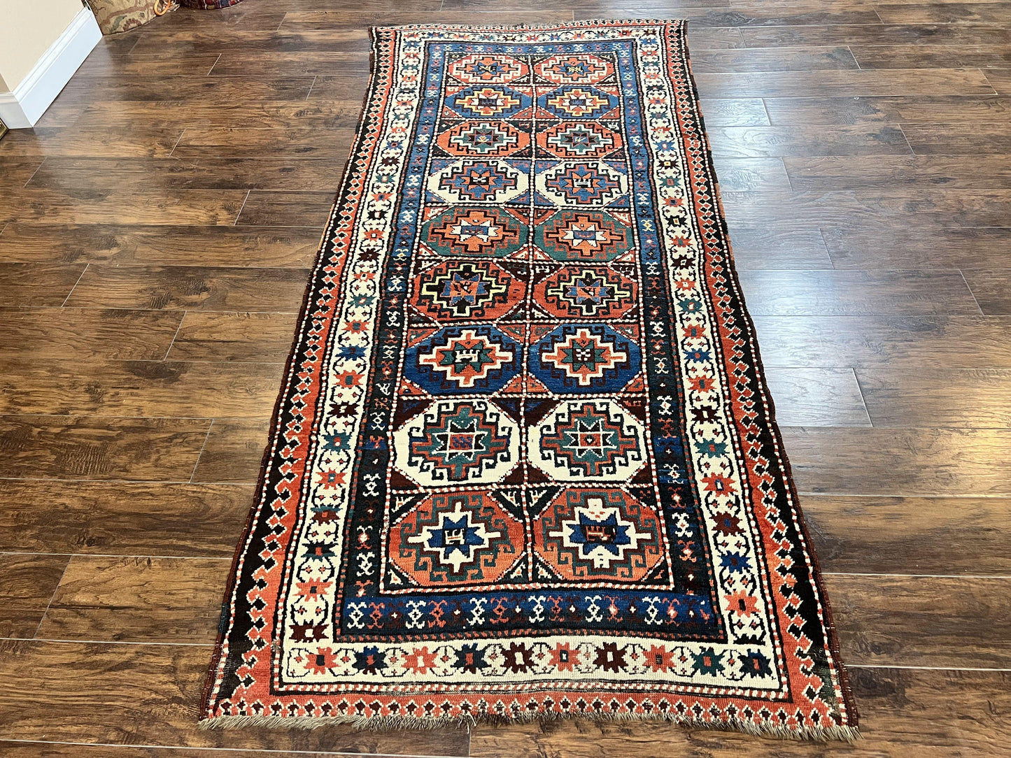 Antique Caucasian Kazak Runner Rug 4 x 9.5, Handmade Wool Rug for Hallway, Rare Colorful Panel Design Mid 19th Century 1870s Oriental Carpet - Nuvé