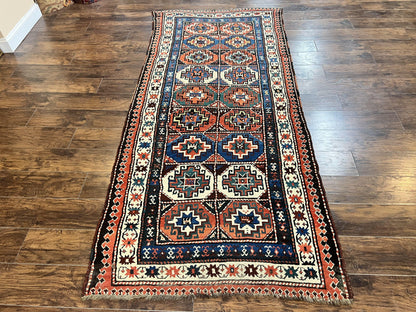 Antique Caucasian Kazak Runner Rug 4 x 9.5, Handmade Wool Rug for Hallway, Rare Colorful Panel Design Mid 19th Century 1870s Oriental Carpet - Nuvé