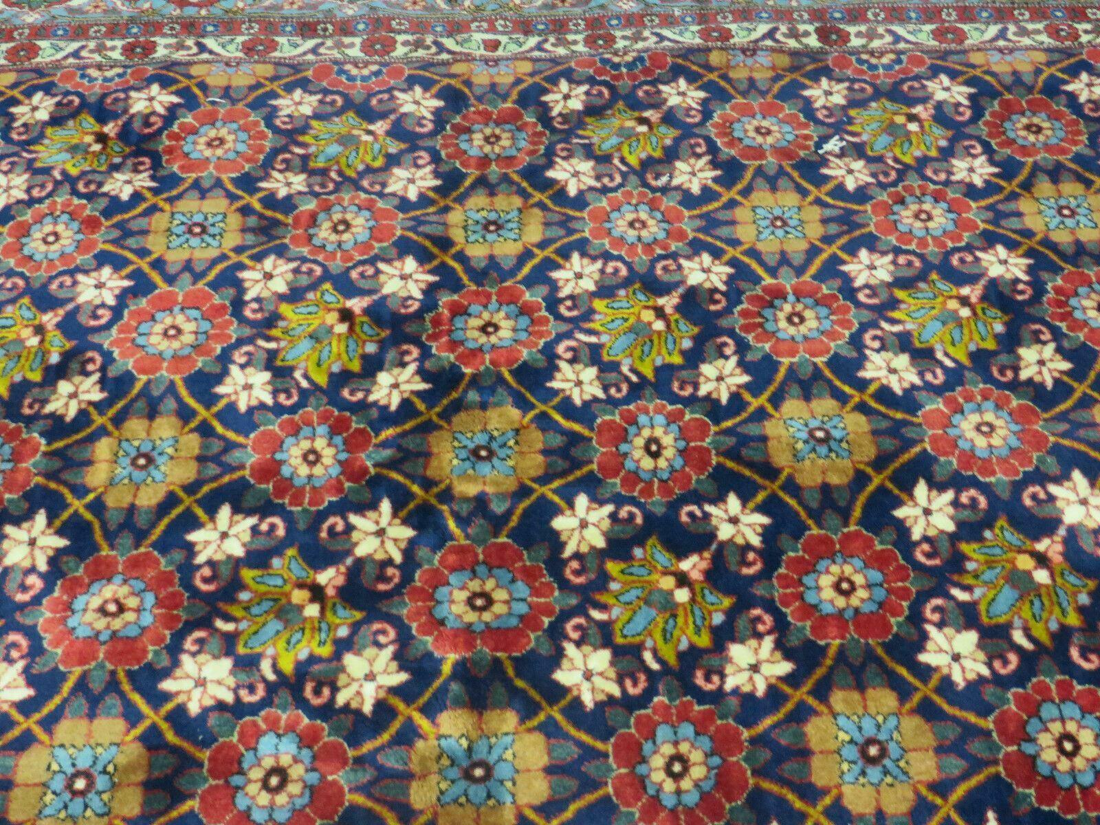 Navy Blue Antique Persian Rug 7x11, Veramin Mina Khani Repeated Allover Pattern, Vintage Authentic Hand Knotted Handmade Wool Room Sized Carpet - Nuvé