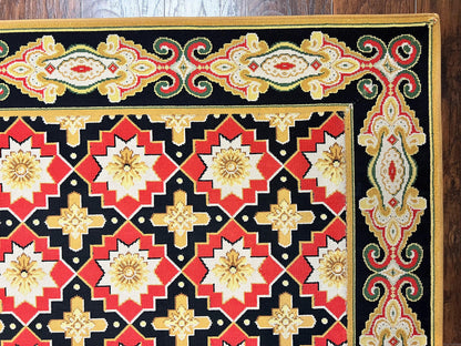 Runner Rug 4x19, Panel Design Rug, Custom Made Stark Runner Carpet, Wool, Vintage 4 x 19 Hallway Rug, European Design, Red Black Ivory Tan - Nuvé