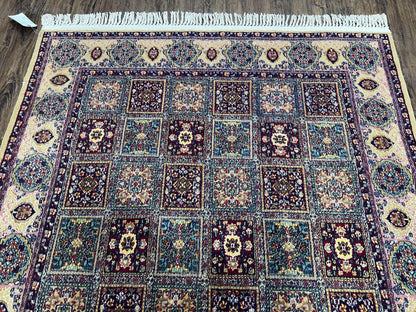 Indo Persian Silk Rug 4x6, Panel Design, Small Flowers, Hand Knotted, Fine Weave, Oriental Carpet 4 x 6, Vintage Area Rug, Beautiful Rug - Nuvé