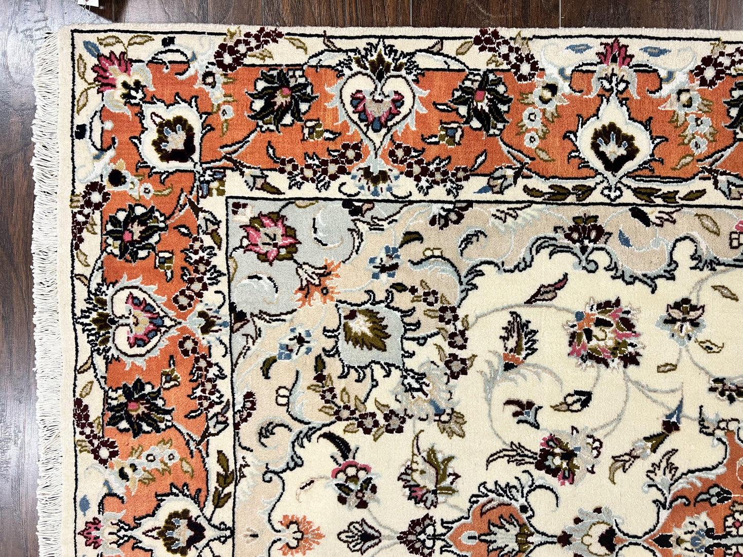 Persian Tabriz Rug 4.5  x 6.8, Finely Hand Knotted Wool with Silk Highlights Vintage Oriental Carpet, Cream and Salmon, High KPSI, Floral Medallion - Nuvé