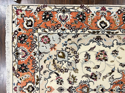 Persian Tabriz Rug 4.5  x 6.8, Finely Hand Knotted Wool with Silk Highlights Vintage Oriental Carpet, Cream and Salmon, High KPSI, Floral Medallion - Nuvé