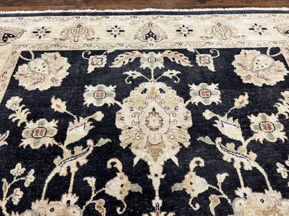 Indo Mahal Rug 8x10, Black and Beige, Vintage Rug 8 x 10 ft, Floral, Handmade Wool Carpet