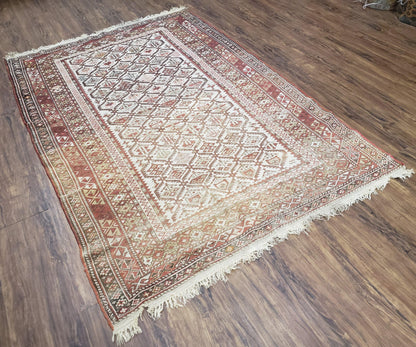 Antique Caucasian Shirvan Rug 4x6, Dagestan Area Rug, Wool Hand-Knotted Soft Red & Ivory 1920s Oriental Carpet, Soft Muted Colors - Nuvé