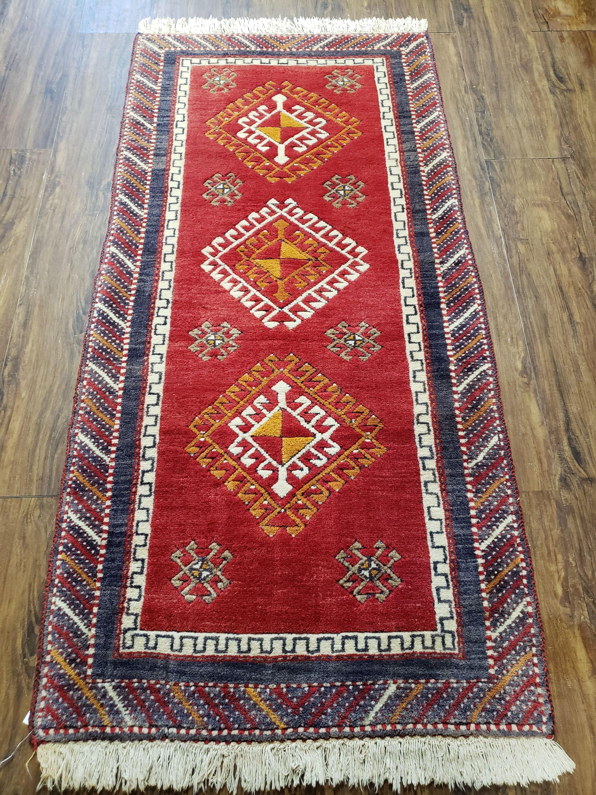 Vintage Turkish Kazak Rug 2.5 x 5 Red Wool Carpet Medallions Runner Geometric - Nuvé