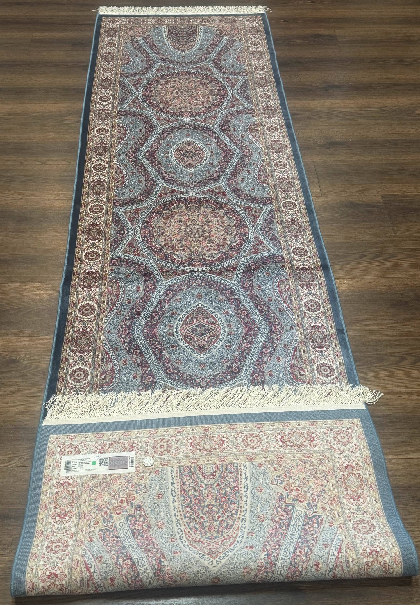 Turkish Silk Runner Rug 2.6 x 10, Light Blue Carpet, Bamboo Silk, New - Nuvé