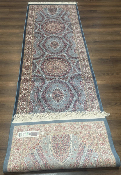 Turkish Silk Runner Rug 2.6 x 10, Light Blue Carpet, Bamboo Silk, New - Nuvé