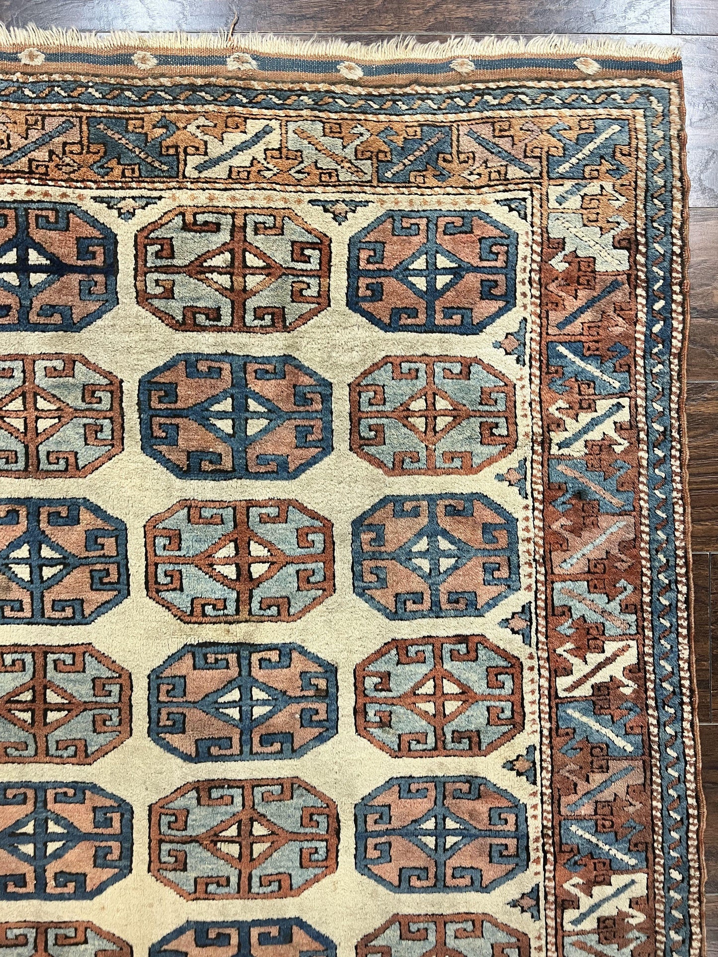 Turkish Kazak Rug 3x4, Wool Hand Knotted Handmade Vintage Carpet, Geometric Tribal Repeated Motif, Small 3 x 4 Antique Rug, Cream Red - Nuvé