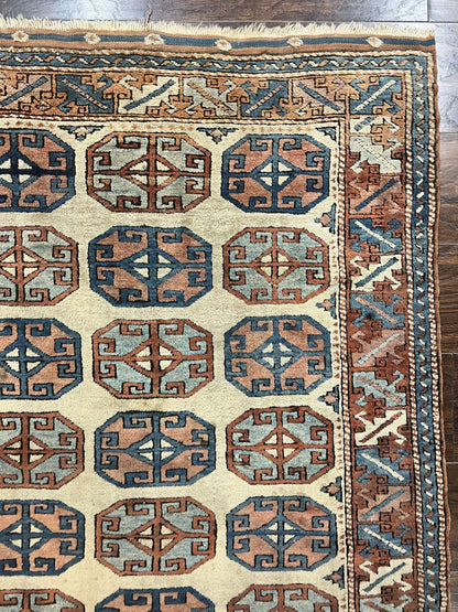 Turkish Kazak Rug 3x4, Wool Hand Knotted Handmade Vintage Carpet, Geometric Tribal Repeated Motif, Small 3 x 4 Antique Rug, Cream Red - Nuvé