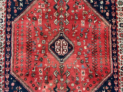 Persian Tribal Rug 3.6 x 5 ft, Persian Abadeh Rug, Geometric Medallion Bird Motifs, Red and Navy Blue Hand Knotted Handmade Wool Vintage Oriental Carpet - Nuvé