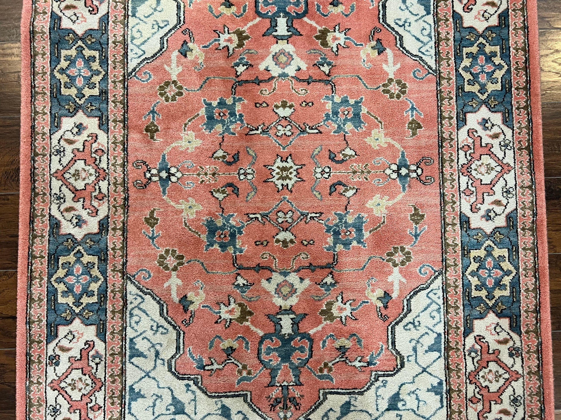 Karastan Rug 4x6 Bergama Design #737, Karastan Area Rug, Vintage Wool Karastan Carpet, Original Collection 700 Series, Salmon Red Light Blue - Nuvé