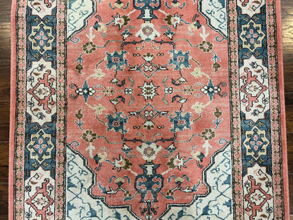 Karastan Rug 4x6 Bergama Design #737, Karastan Area Rug, Vintage Wool Karastan Carpet, Original Collection 700 Series, Salmon Red Light Blue - Nuvé