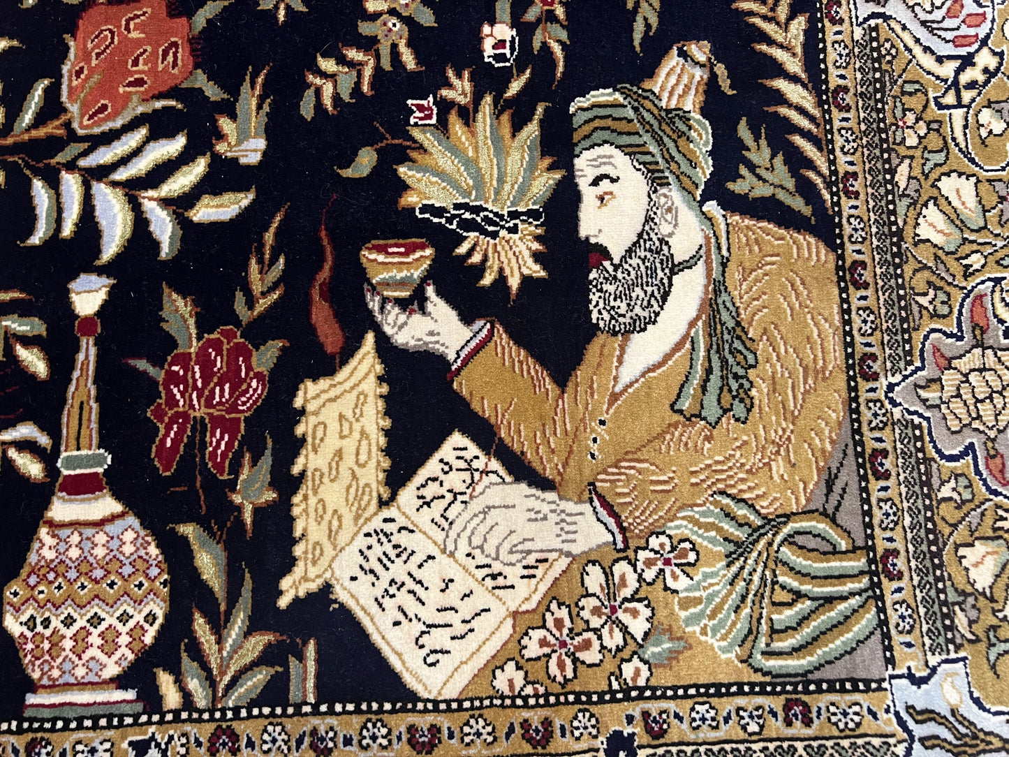 Persian Qum Pictorial Rug 4.8 x 6.5 - Layla & Majnun, Birds - Nuvé