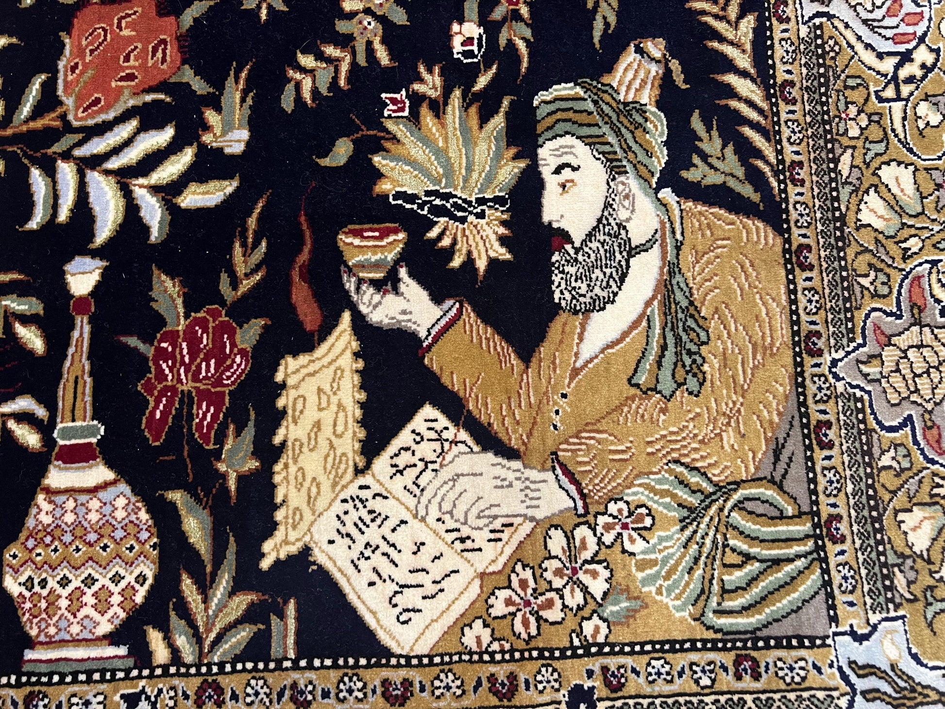 Persian Qum Pictorial Rug 4.8 x 6.5 - Layla & Majnun, Birds - Nuvé