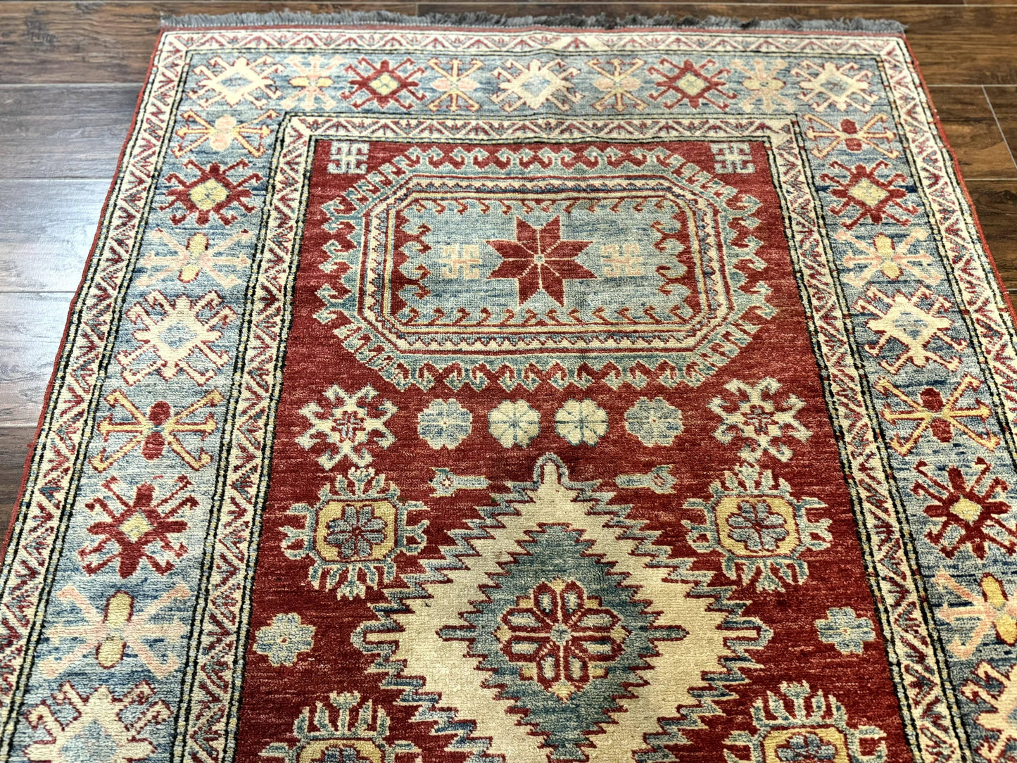 Turkish Kazak Rug 4x6, Handmade Vintage Wool Carpet, Geometric Design, Red and Light Blue - Nuvé