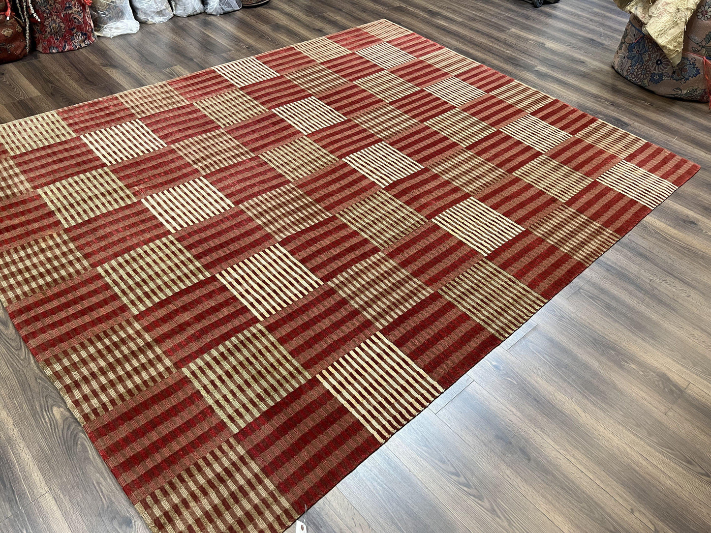 Modern Tibetan Rug 8x10, Hand Knotted Contemporary Nepali Carpet 8 x 10, Checkerboard Design, Red Cream Light Brown, Very Fine Wool & Silk - Nuvé