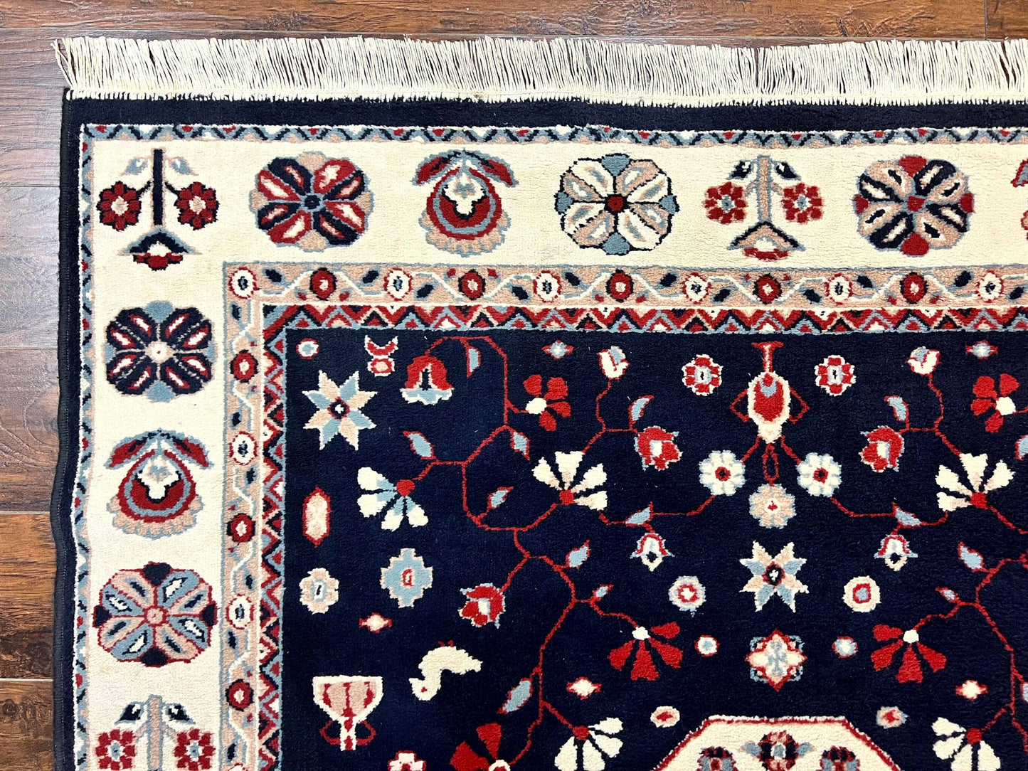 Belgium Power Loomed Rug 5.6 x 7, Navy Blue and Ivory, Heriz Pattern, Vintage Oriental Carpet - Nuvé